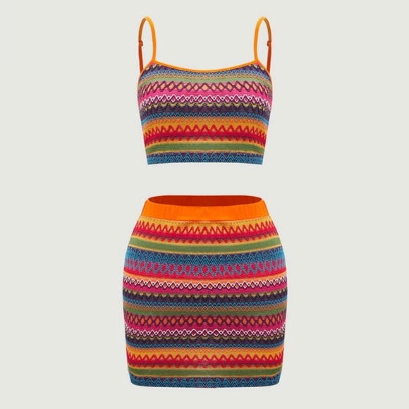 Rainbow Striped Knit Crop Cami Top & Bodycon Mini Skirt, US Size M, 6 - Picture 2 of 5